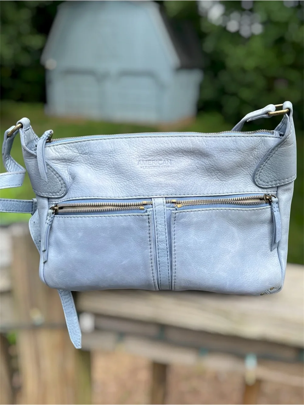 American Leather Co Light Blue Leather Crossbody Shoulder Bag Large - Picture 12 of 12